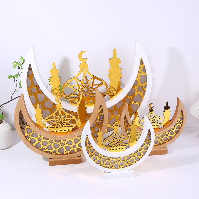 Islamic Crafts Durable LED Light Customized Color Wooden Moon Pendant Eid Mubarak Ramadan Gifts Accessory